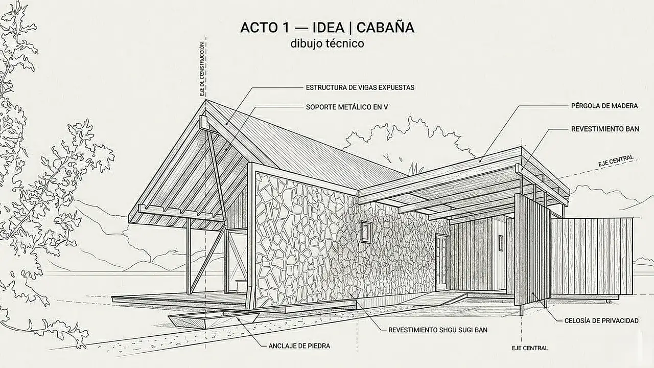 Dibujo técnico de una cabaña: estructura de vigas expuestas, muro de piedra, pérgola de madera y celosía